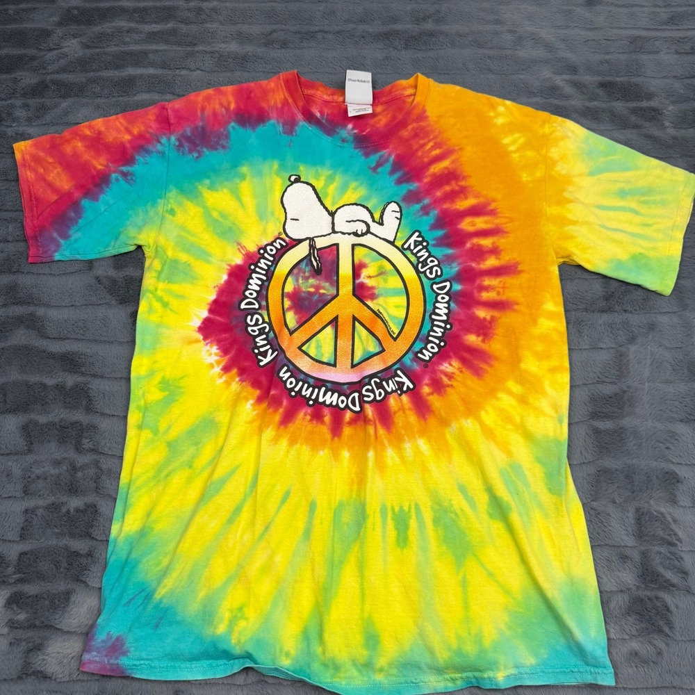 Peanuts Snoopy Kings Dominion Tie Dye Shirt Mens Large Peace Sign Rainbow Cotton